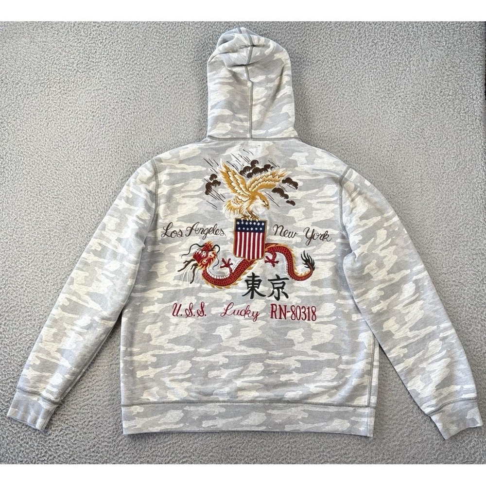 Lucky Brand Hoodie Sweatshirt‎ Womens Large Full Zip Camo Embroidered Y2K Asian